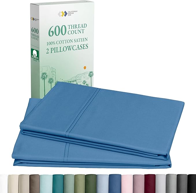 King Size Pillows Cases Set of 2-600 Thread Count Sateen, Natural 100% Cotton Pillowcases King, Crisp, Durable Premium-Feel Bedding - Parisian Blue