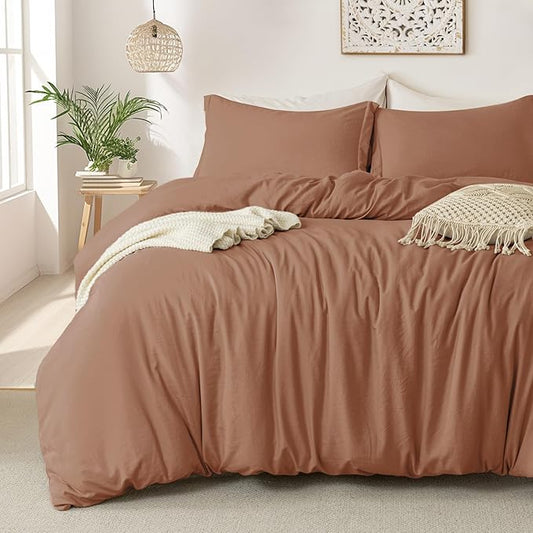 MILDLY Super Soft Duvet Cover 2pcs - 100% Washed Microfiber Mocha Comforter Cover Set 3 Pieces with Zipper Closure & Corner Ties