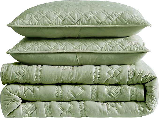 WDCOZY Boho Sage Green Quilt King Size Bedding Sets with 2 Pillow Shams, Farmhouse Lightweight Soft Bedspread Coverlet for All Season, 3 Pieces, 104x90 inches
