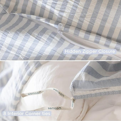 MooMee Striped Duvet Cover Set 100% Washed Cotton Linen Like Textured Breathable Durable Soft Comfy (Cornflower Blue White Classic Stripes, Super Queen 90"x98")