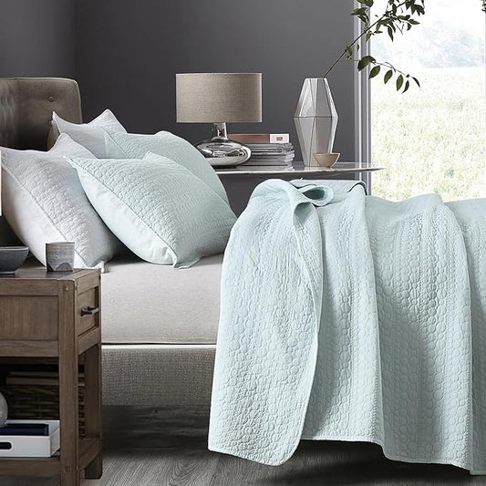 HORIMOTE HOME Quilt Set King Size Aqua Blue, Classic Geometric Spots Stitched Pattern, Pre-Washed Microfiber Chic Rustic Look, Ultra Soft Lightweight Quilted Bedspread for All Season, 3 Pieces