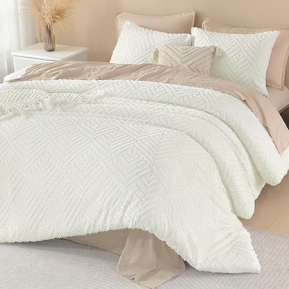 Litanika Super King Comforter Ivory, 3 Pieces Tufted Boho Farmhouse Bedding Comforter Set, Lightweight Fluffy All Season Comforter Set (120x120In Comforter & 2 Pillowcases)