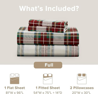 Comfort Spaces 100% Cotton Sheets Full, Breathable, Naturally Cool Cotton Sheets, Cotton Bed Sheets with 14" Elastic Pocket Fits up to 16" Mattress, All Seasons Sheet Set, Scottish Plaid Red 4 Piece