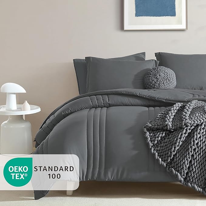 Monbix Super King Size Comforter Set - 7 Pieces Bright Gray Bed in a Bag Super King Bedding Sets with Comforters, All Seasons Comforter Bed Set with Sheets,Pillowcases & Shams