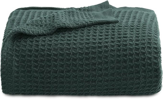 Bedsure Gentlesoft 100% Cotton Throw Blanket for Couch 50x70 inches - Breathable and Soft for Spring Summer, Waffle Weave Throw Blanket for Office, Dark Green