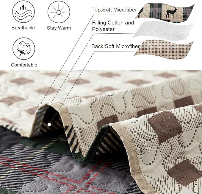 Lodge Bedspread Set King Size Rustic Cabin Quilt Set Deer Bedding Sets Lightweight Coverlet Reversible Bedspreads Elk Moose Printed Bedcover Dark Green Beige Plaid Patchwork Bedding Country Decor