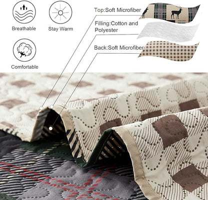 Ycosy 3pcs Breathable Lightweight Christmas Plaid Lodge Quilt Set Full/Queen Size Including Quilt, 2 Pillow Shams, Green, Polyester, Bedspread Set or Bedding Set