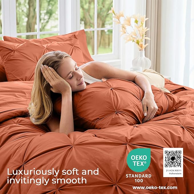 Sasttie California King Comforter Set, 7-Piece Bed in a Bag, Pintuck Bedding Sets for All Season, Includes Comforter, Flat Sheet, Fitted Sheet, Pillowcases and Pillowshams, Burnt Orange
