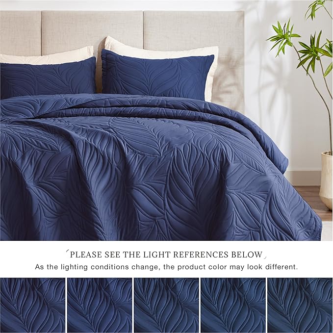 EXQ Home Quilt Set King Size Navy 3 Piece,Lightweight Soft Coverlet Modern Style Leaf Pattern Bedspread Set(1 Quilt,2 Pillow Shams)