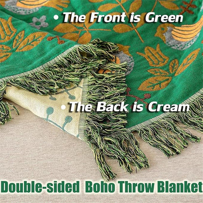 MSGKV Boho Throw Blanket 100% Cotton Green Blanket 90''x 98'' Spring Reversible Blankets with Tassels Warm Soft Blanket for Bed Sofa Living Room
