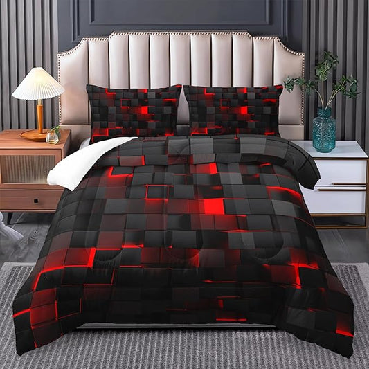 red and Black King Size Comforter Set,red and Black Room Decor for Bedroom for Women,King Quilt Bedding Set Geometry