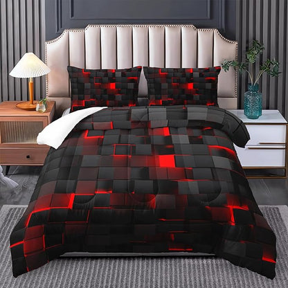 red and Black Queen Size Comforter Set,red and Black Room Decor for Bedroom for Women,Queen Quilt Bedding Set Geometry