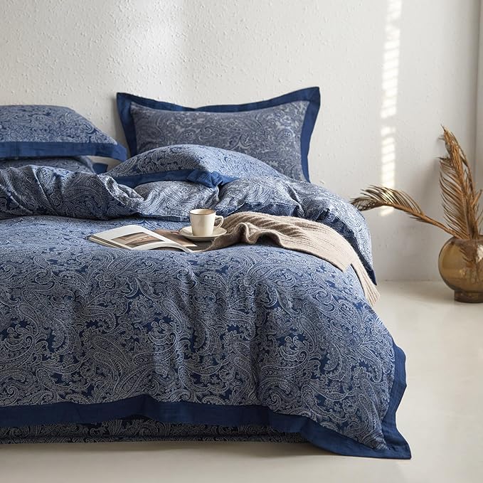 mixinni Muslin Cotton Vintage White Paisley Floral Duvet Cover King Size 3pcs Yarn Dyed Navy Blue Jacquard Weave Bedding Comforter Cover Soft Breathable Bedding Sets for All Season-King Size