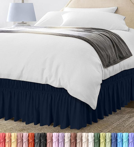 Utopia Bedding Queen Elastic Bed Ruffle - Easy Wrap Around Ruffle - Microfiber Bed Skirt with Adjustable Buckle & Elastic Belt, 16 Inch Tailored Drop - Hotel Quality Bedskirt, Fade Resistant (Navy)