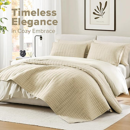 Comfort Spaces Ivory Oversized Queen Quilt Set 102"x118" Bedspread Quilted Summer Lightweight Microfiber Bedding Coverlet with Double Sided Stitching Soft All Season Cozy 3 Piece with Matching Shams