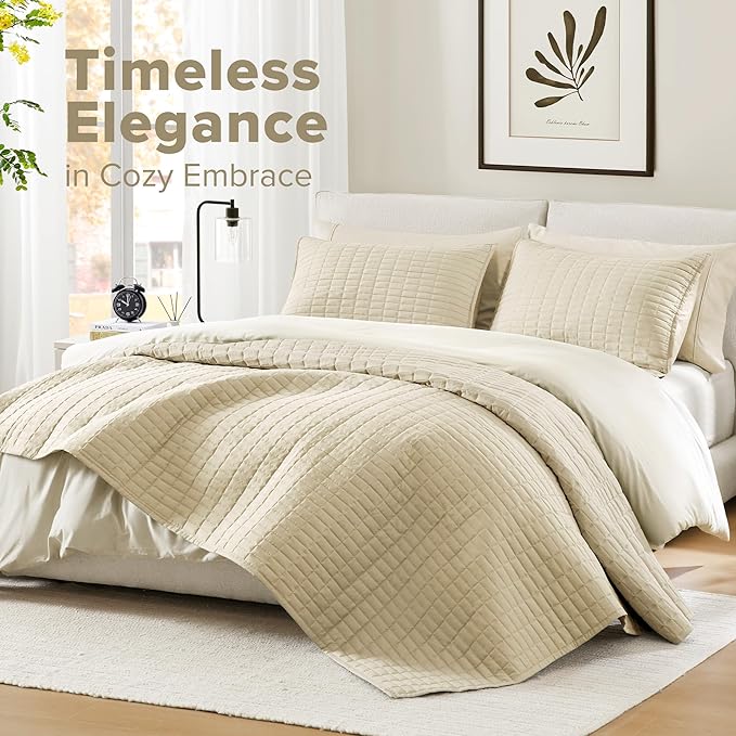Comfort Spaces Ivory Oversized King Quilt Set 120"x118" Bedspread Quilted Summer Lightweight Microfiber Bedding Coverlet with Double Sided Stitching Soft All Season Cozy 3 Piece with Matching Shams