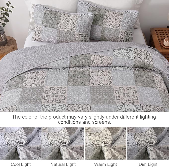 Dobuyly King Size Quilt Set Boho Grey Beige Plaid Patchwork Bedspreads Coverlet Set, 3 Pieces Reversible Lightweight Microfiber Neutral Quilt Bedding Set for All Seasons 110"x90"