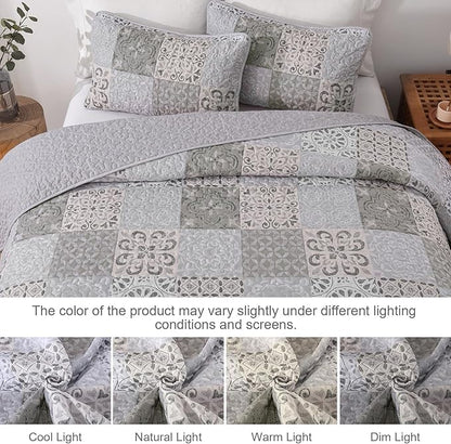 Dobuyly Queen Size Quilt Set Boho Grey Beige Plaid Patchwork Bedspreads Coverlet Set, 3 Pieces Reversible Lightweight Microfiber Neutral Quilt Bedding Set for All Seasons 96"x90"