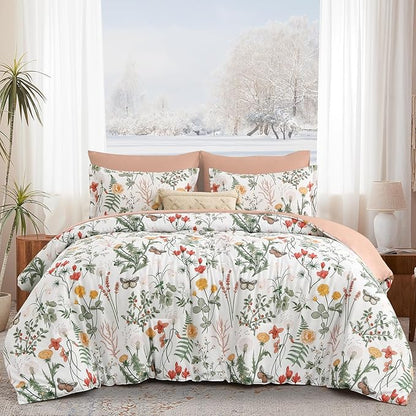 Yiran 7 Piece Floral Comforter Set King Size, Pink Green Summer Comforter Bedding Set, Botanical Bed in a Bag with Flowers Pattern, Soft Microfiber Complete Bedding Set with Sheets for All Season