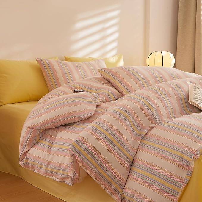 EAVD Retro Striped Comforter Set Queen Multicolor Soft 100% Washed Cotton Chic Colorful Striped Bedding Set with 2 Pillowcases Reversible Farmhouse Geometric Pattern Comforter Set for All-Season