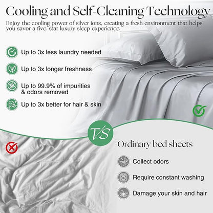 Silver Infused Bed Sheets Set, Temperature-Regulating Fabric with Self-Cleaning Technology for 3X Freshness Sleep (Grey, Twin XL)