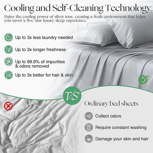 Silver Infused Bed Sheets Set, Temperature-Regulating Fabric with Self-Cleaning Technology for 3X Freshness Sleep (Grey, Queen)