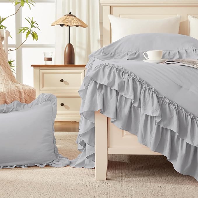 Andency Light Gray Twin Size Comforter Set(66x90Inch), 2 Pieces(1 Ruffle Comforter and 1 Pillowcase) Lightweight Fluffy Bedding Comforter Sets for Kids, All Season Soft Polyester Bedding Set