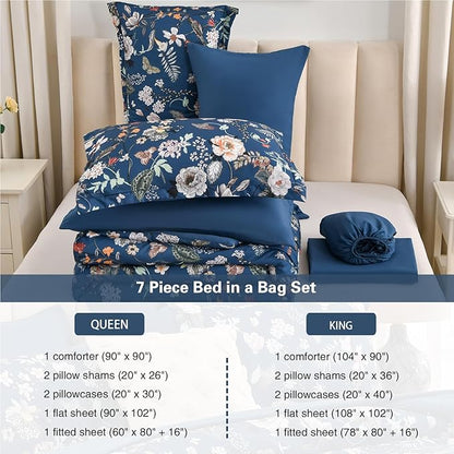 7 Piece Queen Comforter Set, Peacock Blue Butterfly Floral Comforter Set with Flowers Leaves Pattern, Soft Microfiber Complete Bedding Set for All Season(Peacock Blue, Queen)