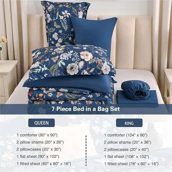 7 Piece King Comforter Set, Peacock Blue Butterfly Floral Comforter Set with Flowers Leaves Pattern, Soft Microfiber Complete Bedding Set for All Season(Peacock Blue, King)