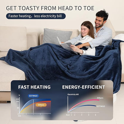 ESTINGO Heated Blanket Queen Size, Soft Queen Heated Electric Blanket, Machine Washable Plush Heated Blanket with Dual Control 5 Heating Levels & 10 Hours Auto Off, 84" x 90", Navy Blue