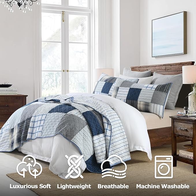 DURLENGEN Blue & Grey Patchwork 100% Cotton Queen Quilt 3Pcs,Patchwork Blue & Grey Pattern on White,Luxury Lightweight Coverlet Sets for All Season(Queen 90x96,Blue & Grey Patchwork)