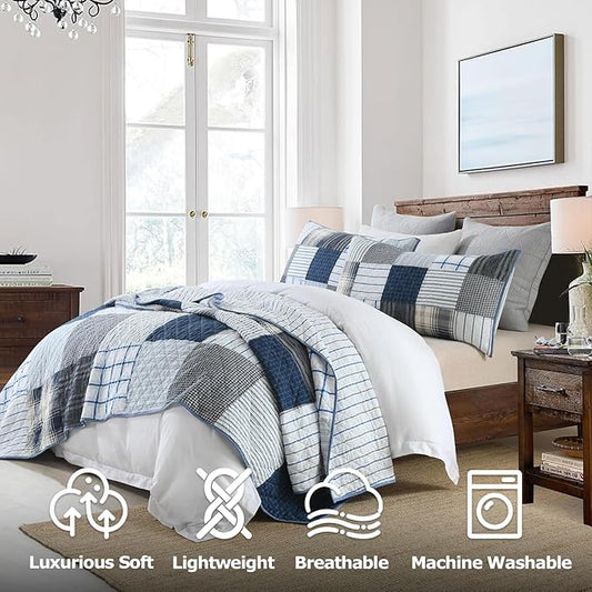 DURLENGEN Blue & Grey Patchwork 100% Cotton King Quilt 3Pcs,Patchwork Blue & Grey Pattern on White,Luxury Lightweight Coverlet Sets for All Season(King 106x96,Blue & Grey Patchwork)