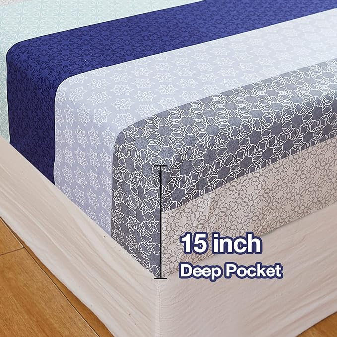 JSD Blue Striped Sheet Set King Size, 4 Piece Soft Printed Microfiber Sheet Set Extra Deep Pocket