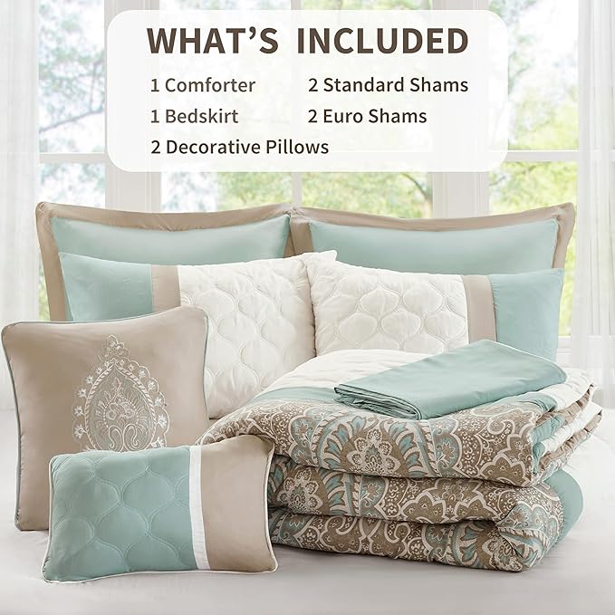 510 DESIGN Luxe Quilted Comforter Set Modern Transitional Design, All Season Down Alternative Warm Bedding Matching Shams, Bedskirt, Decorative Pillow, King, Shawnee Scrollwork Seafoam