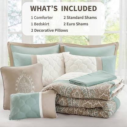 510 DESIGN Luxe Quilted Comforter Set Modern Transitional Design, All Season Down Alternative Warm Bedding Matching Shams, Bedskirt, Decorative Pillow, King, Shawnee Scrollwork Seafoam