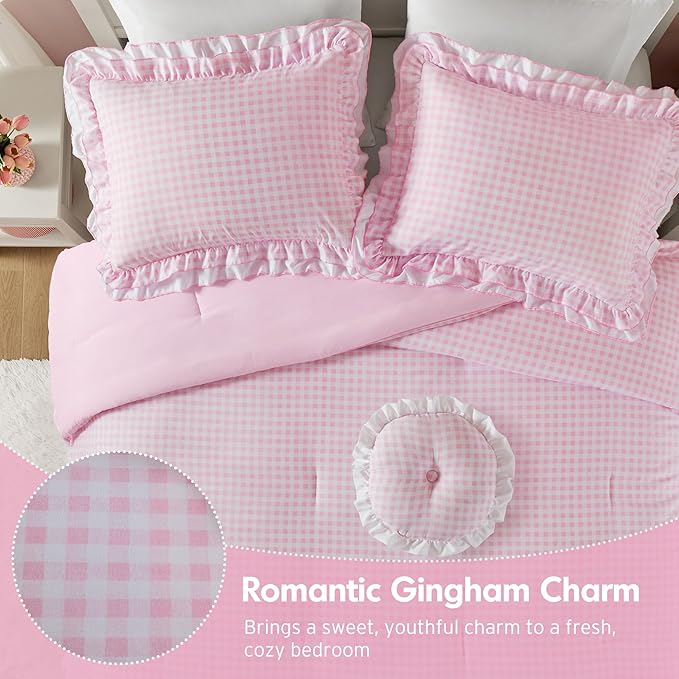 Intelligent Design Rowena Twin Comforter Set – Blush Pink Gingham Ruffled Bedding, Vintage Farmhouse Style, Reversible All Season 3-Piece Bedding Set, Twin/Twin XL, Gift for Her