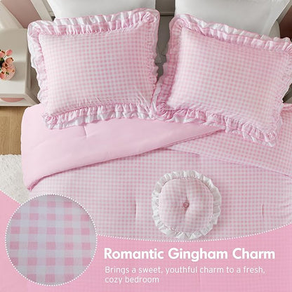 Intelligent Design Rowena Twin Comforter Set – Blush Pink Gingham Ruffled Bedding, Vintage Farmhouse Style, Reversible All Season 3-Piece Bedding Set, Twin/Twin XL, Gift for Her
