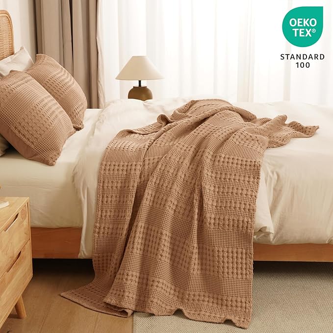 PHF 100% Cotton Waffle Weave Throw Blanket, Soft Lightweight Breathable Cozy Throws for Couch Bed Sofa, Luxury Aesthetic Blanket Gift for Home Decor & Office, 50"x60", Clay