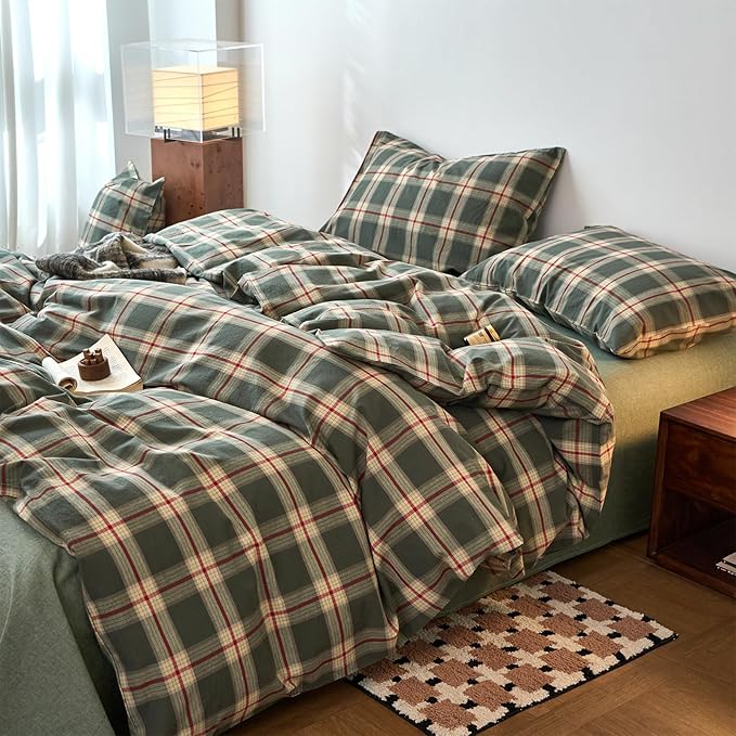 EAVD Vintage Green Buffalo Plaid Comforter Set Twin XL Soft 100% Washed Cotton Retro Green&Red Grid Checkered Bedding Set with 2 Pillowcases Farmhouse Gingham Comforter Set for All-Season