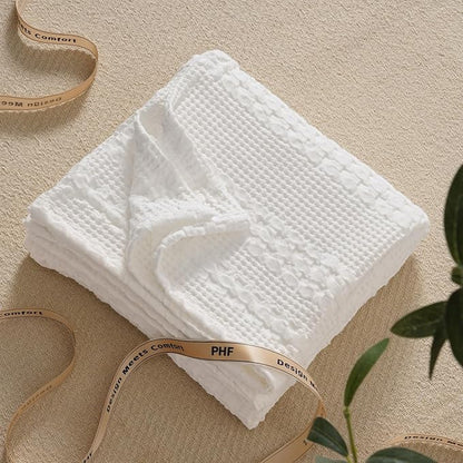 PHF 100% Cotton Waffle Weave Throw Blanket, Soft Lightweight Breathable Cozy Throws for Couch Bed Sofa, Luxury Aesthetic Blanket Gift for Home Decor & Office, 50"x60", White