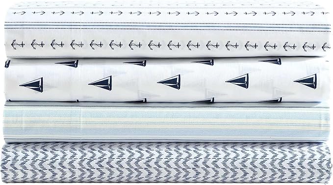 Nautica - Sheets, Cotton Percale Bedding Set with Matching Pillowcases, Crisp & Cool, Deep Pocket (Camp Stripe Blue, King)