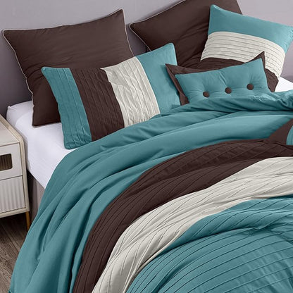 Chezmoi Collection Loft 8-Piece Luxury Striped Comforter Set (Full, Blue/Beige/Chocolate Brown)