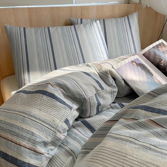 EAVD Modern Style Striped Duvet Cover King 100% Washed Cotton Colorful Wide and Pinstriped Bedding Duvet Cover Set with 2 Pillowcases Farmhouse Geometric Bedding Set with Zipper for All-Season