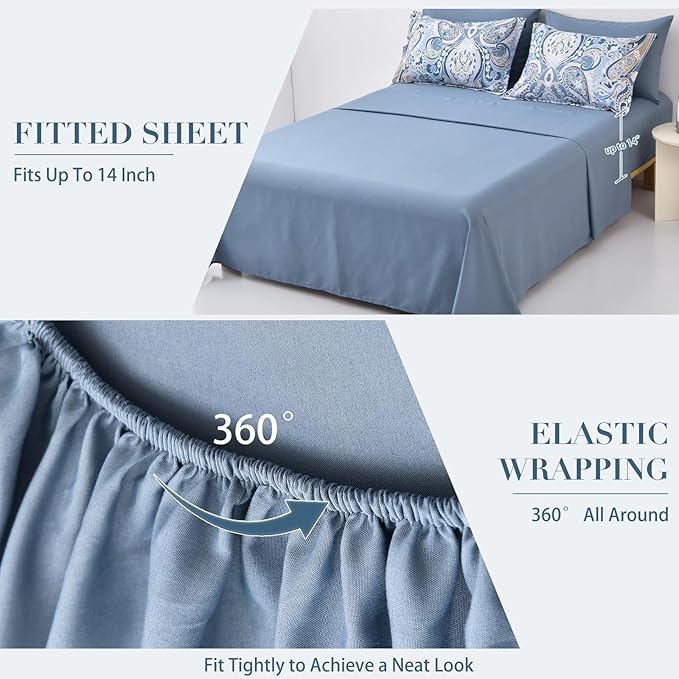 Drucon Blue Paisley Comforter Set Queen, 7 Pieces Bed in a Bag Boho Comforter Soft Microfiber Blue Paisley Bedding(1 Comforter, 1 Flat Sheet, 1 Fitted Sheet, 2 Pillow Shams, 2 Pillowcases)