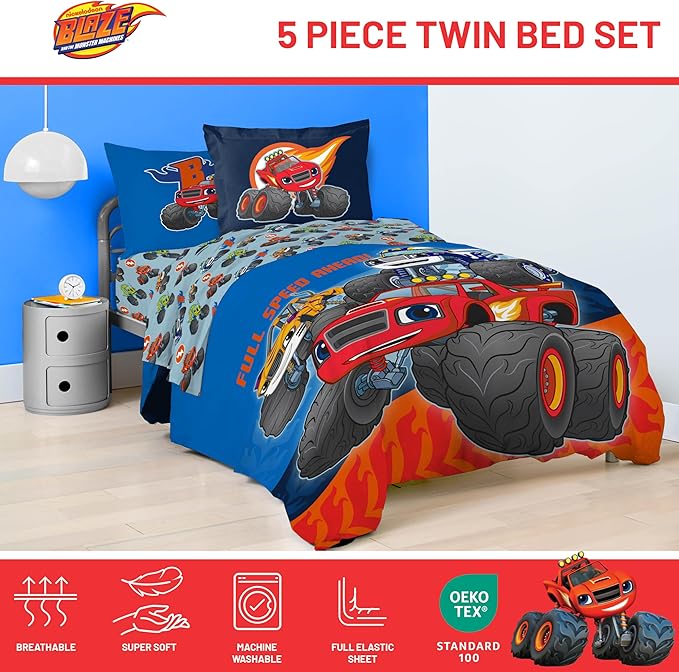 Jay Franco Kids Comforter Set Includes Sheets and Pillow Covers - Soft and Cozy Bed Set for Stylish Room Decor, Blue - Blaze and The Monster Machines, 5 Piece Twin Size Bedding