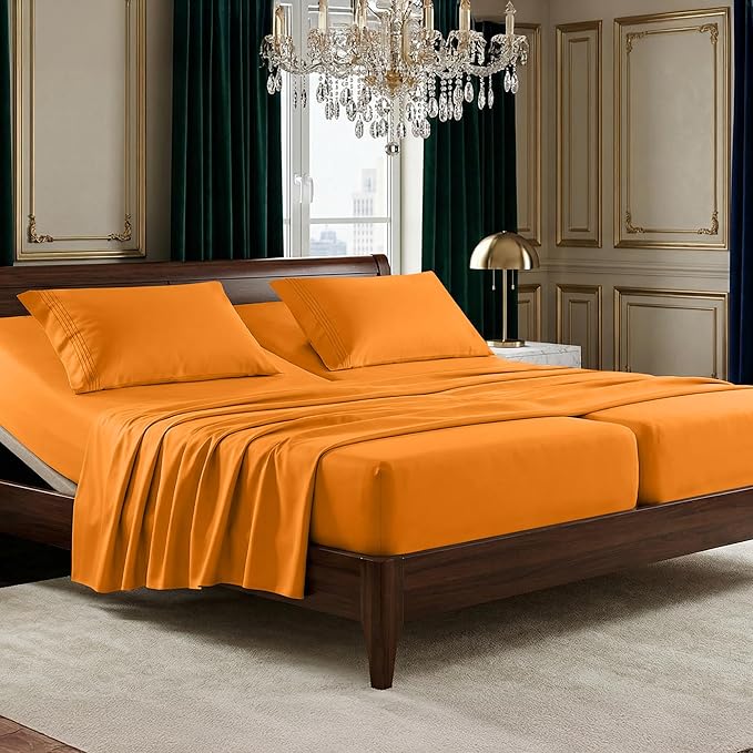 Elegant Comfort Luxurious 1500 Premium Hotel Quality Microfiber Three Line Embroidered Softest 5-Piece Bed Sheet Set, Wrinkle and Fade Resistant, Split King, Orange
