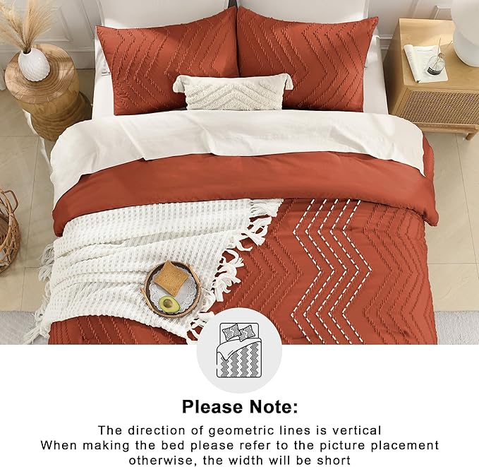 Andency Burnt Orange King Size Comforter, Boho Terracotta Soft Warm Bedding Comforter Sets for King Bed, 3 Pieces Rust Chevron Tufted Aesthetic Microfiber Lightweight Comforter Set