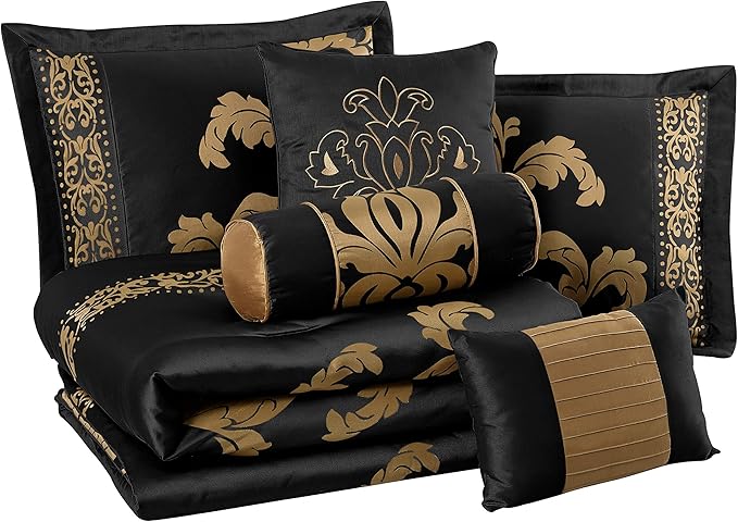 Chezmoi Collection 7-Piece Jacquard Floral Comforter Set/Bed-in-a-Bag Set, King, Black Gold