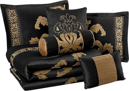 Chezmoi Collection 7-Piece Jacquard Floral Comforter Set/Bed-in-a-Bag Set, King, Black Gold