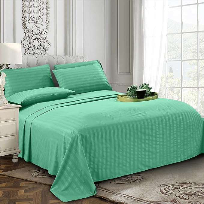 Elegant Comfort Softest and Coziest 6-Piece Sheet Set - 1500 Premium Hotel Quality Microfiber - Deep Pocket, Wrinkle Resistant 6-Piece Damask Stripe Bed Sheet Set, King, Paradise Teal
